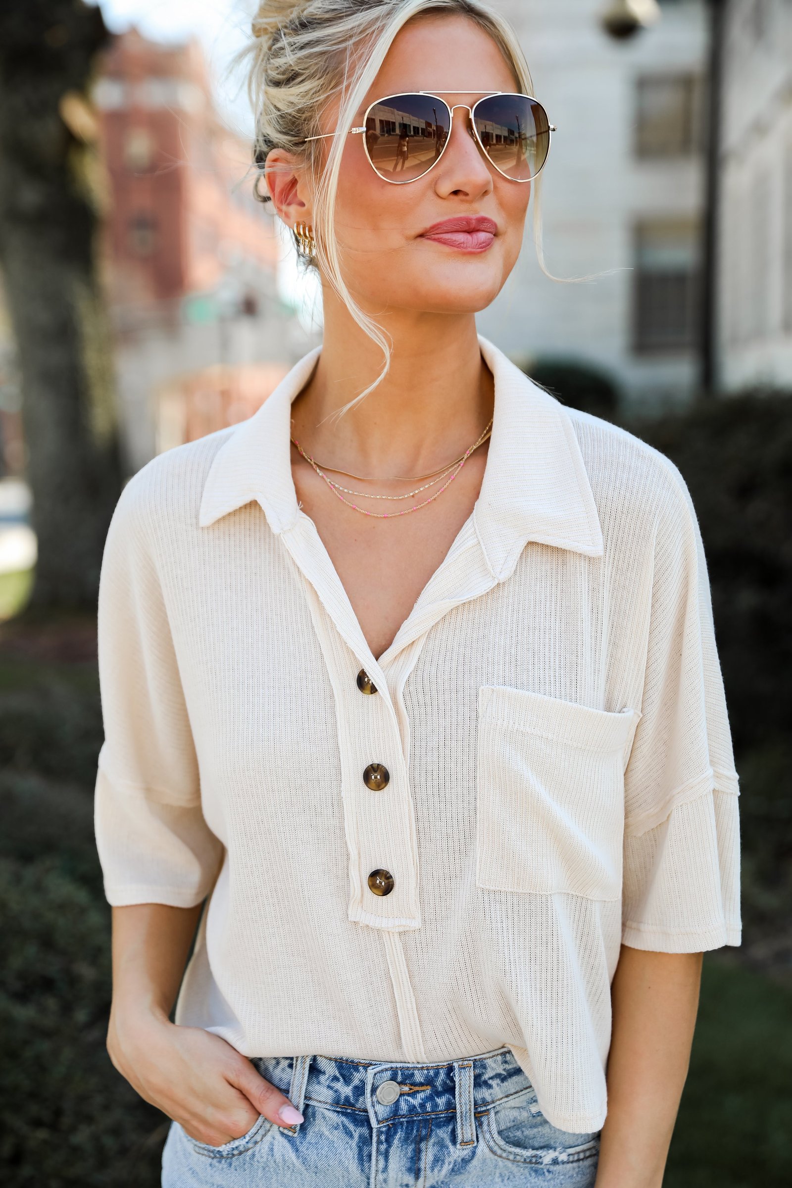 Timeless Vibes Cream Collared Henley Top - DU DEAL