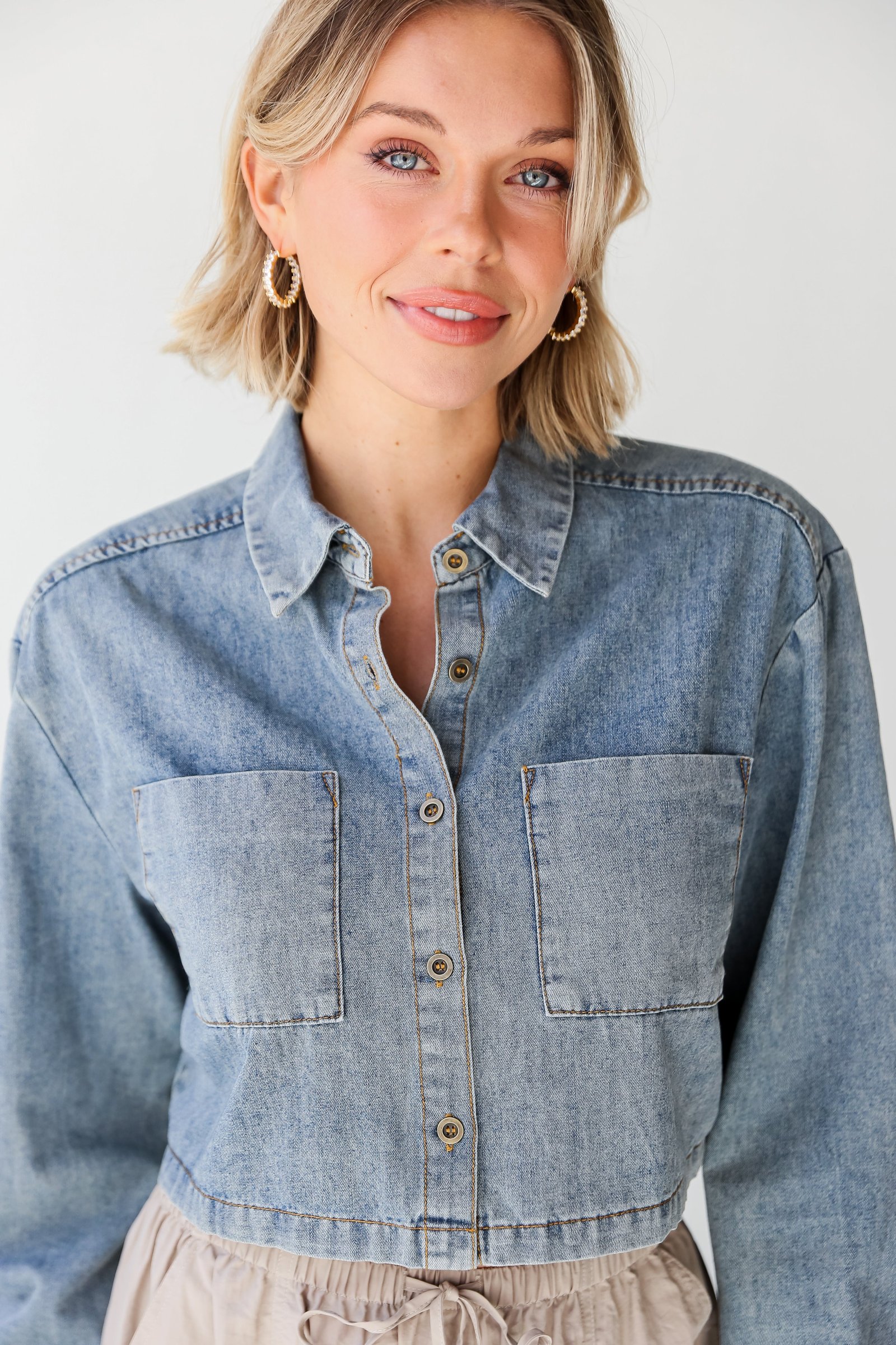 Casually Impressive Grey Denim Cropped Blouse