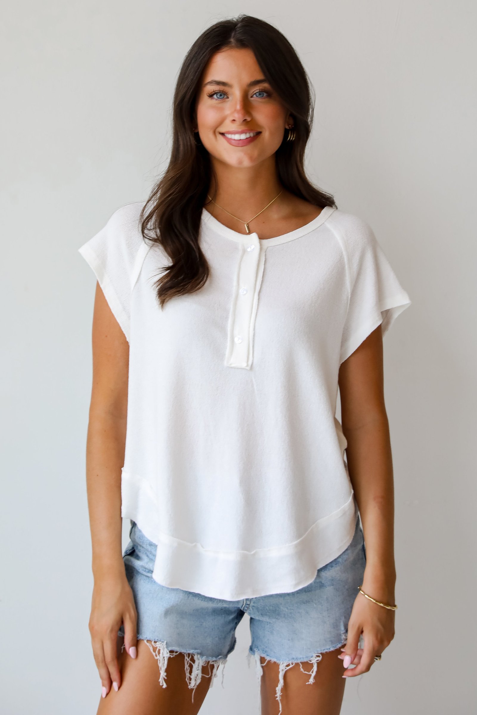 Kaylee White Knit Henley Tee - DU DEAL