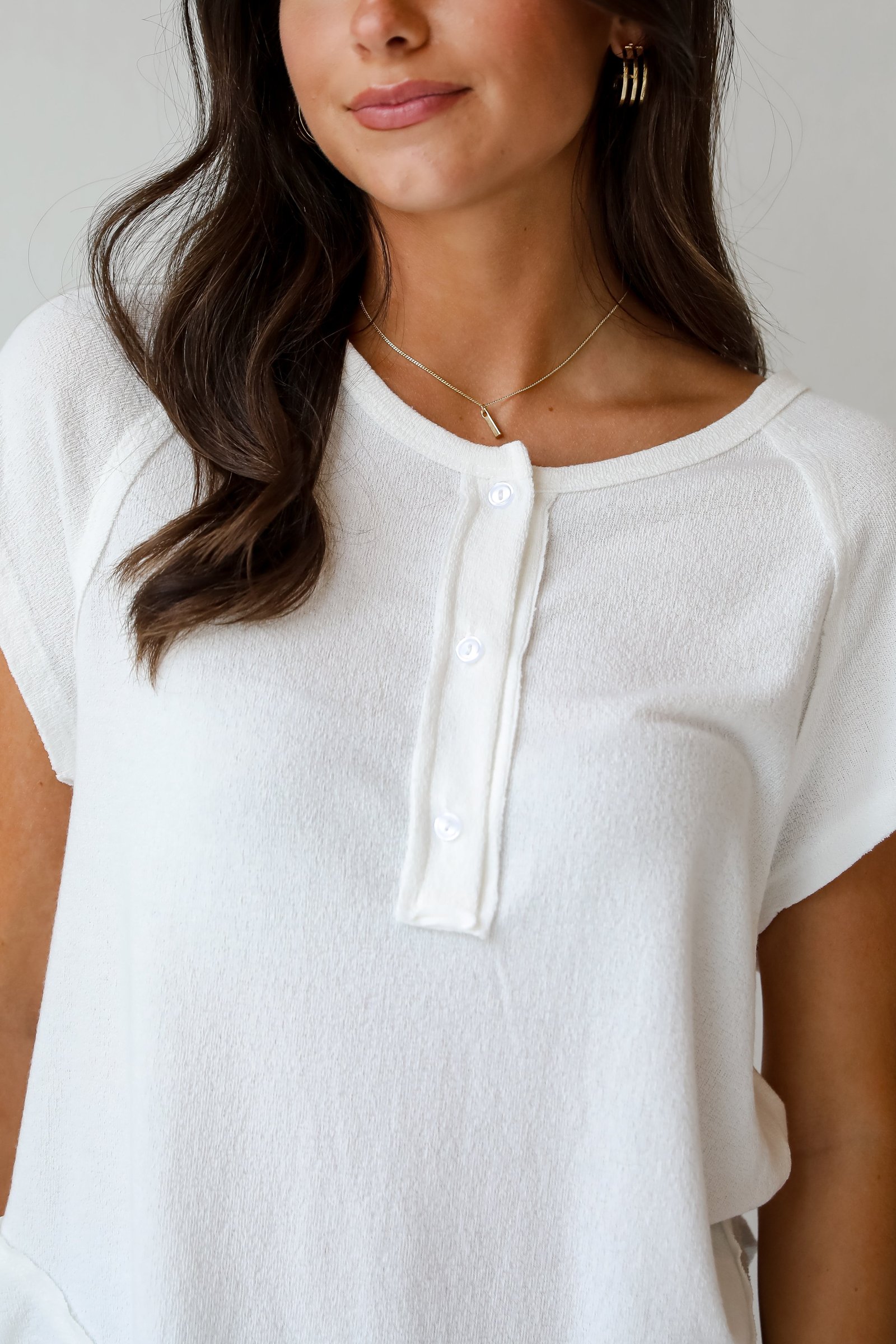 Kaylee White Knit Henley Tee - DU DEAL